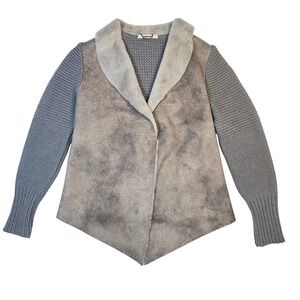 AMS PURE Grey Faux Shearling Knit Cardigan Jacket Shawl Collar Asymmetrical Hem